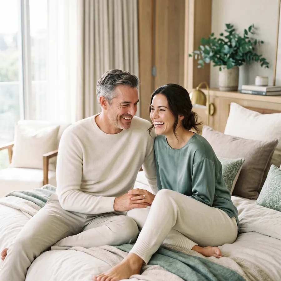 Pareja adulta sonriendo en casa