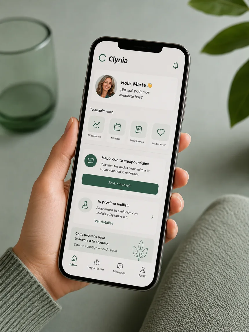 Portal de Clynia en el móvil con el seguimiento de la paciente y su próximo análisis